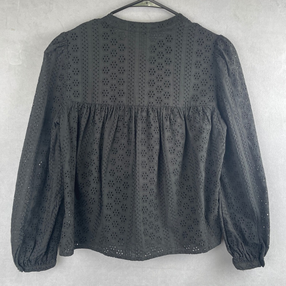 Madewell Black Cotton Victorian Goth Eyelet Tie Neck‎ Long Sleeve Blouse Top S - Picture 2 of 8